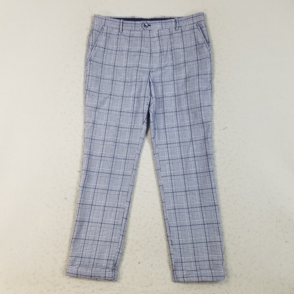 INC Trousers Mens 32 Navy Glen Plaid Slim Fit Cuffed Hem Dress Pants Polyester